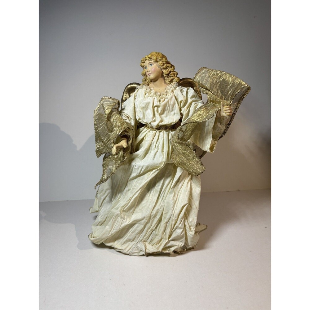 Christmas Angel Tree Topper Vintage-Style Stiff Fabric Elegant Gold 11” Tall